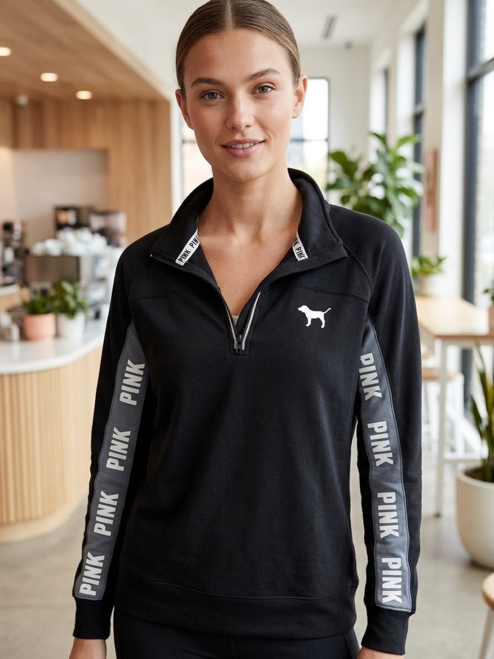 PINK Victoria's Secret Black Half-Zip Pullover with White Logo and Sleeve Tape